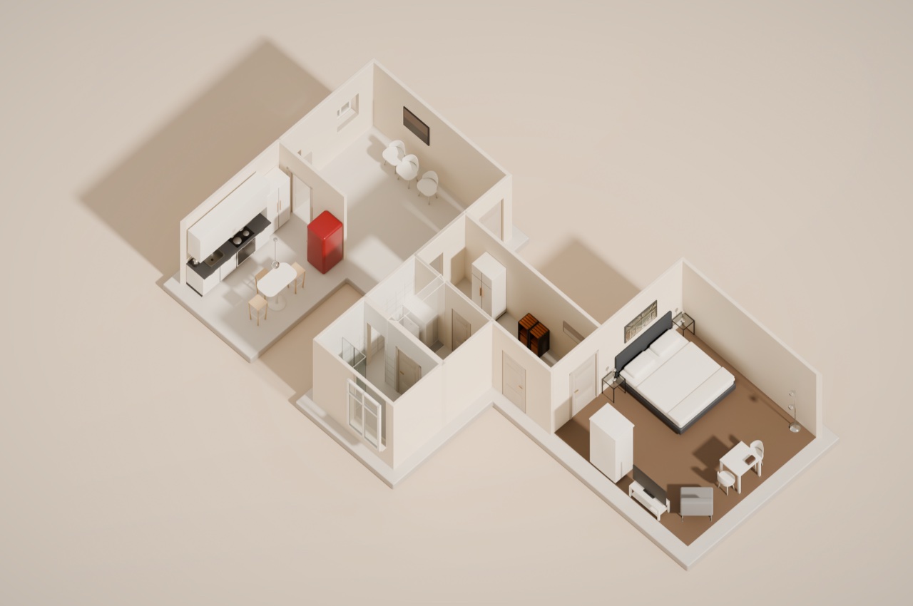 Habitación doble Fleetblick: Plano tridimensional de un apartamento con cocina, comedor, baño, pasillo y dormitorio con cama doble