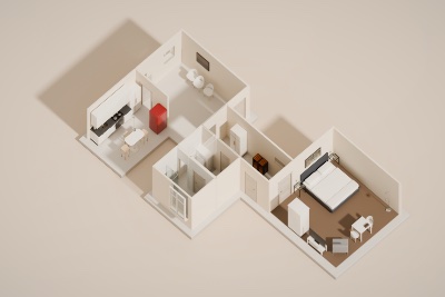 Habitación doble Fleetblick: Plano tridimensional de un apartamento con cocina, comedor, baño, pasillo y dormitorio con cama doble