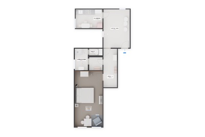 Doppelzimmer Fleetblick: Grundriss mit Doppelzimmer, Küche, Duschbad, WC und Flur