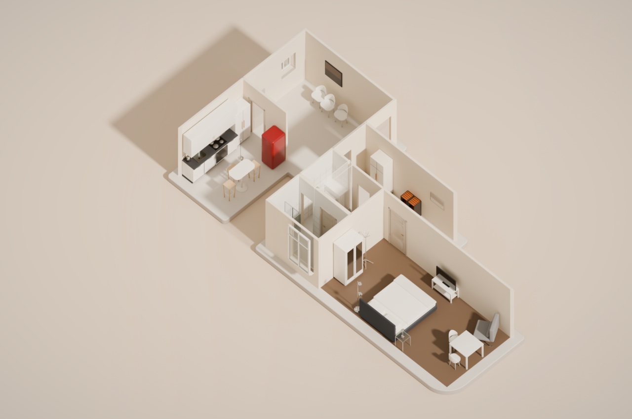 Doppelzimmer Fleetblick: 3D-Grundriss mit Küche, Essplatz, Bad, Schlafbereich mit Doppelbett und Schreibtisch