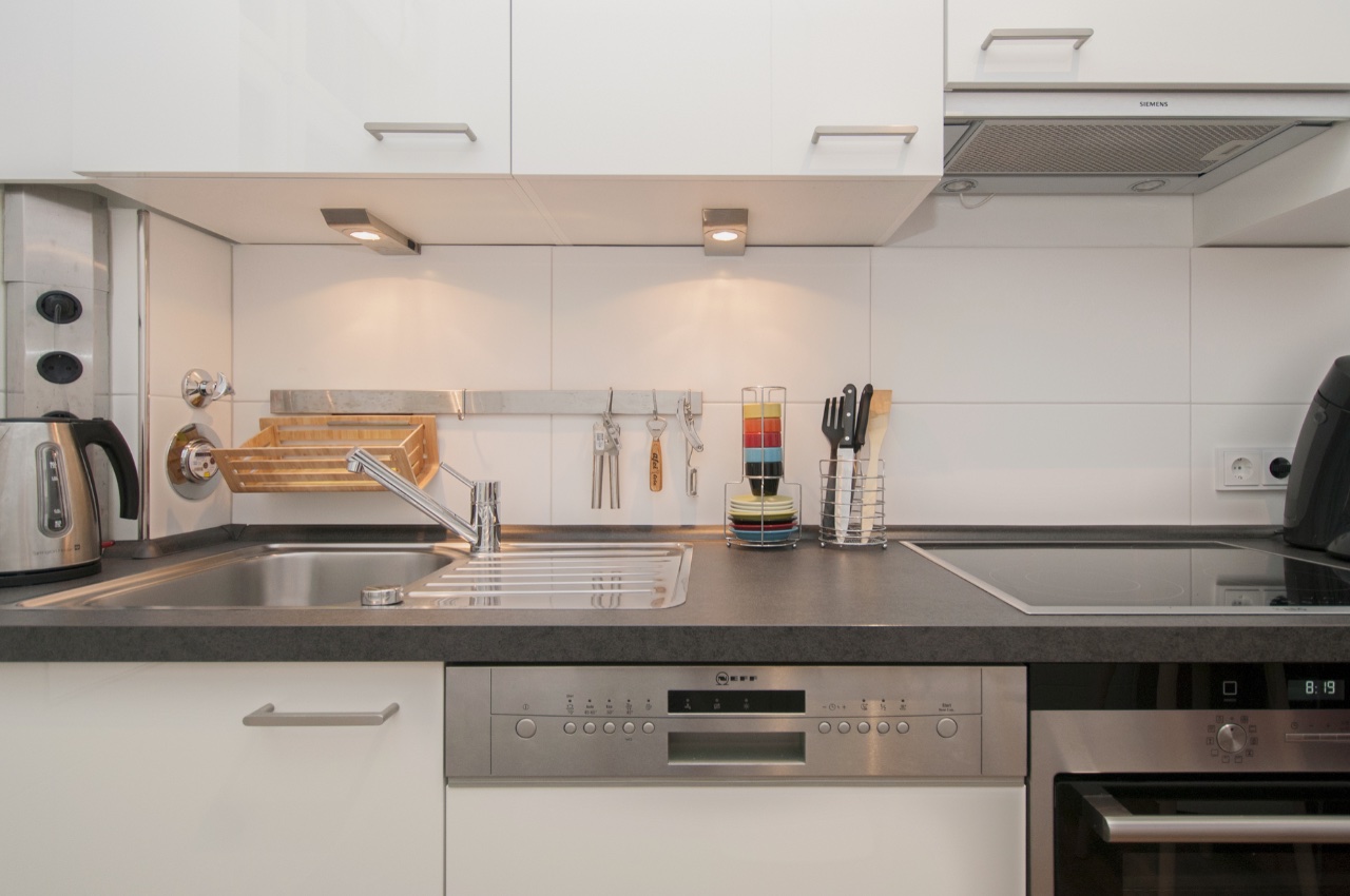 Habitación doble Fleetblick: Cocina blanca con fregadero, placa de inducción, lavavajillas, horno y hervidor