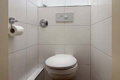 Habitación doble Fleetblick: Inodoro suspendido en un nicho alicatado en blanco con placa de descarga y portarrollos